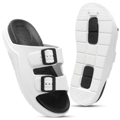 DualBuckle White Black Comfort Slides