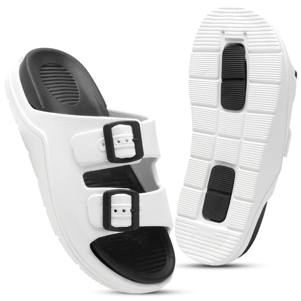 DualBuckle White Black Comfort Slides