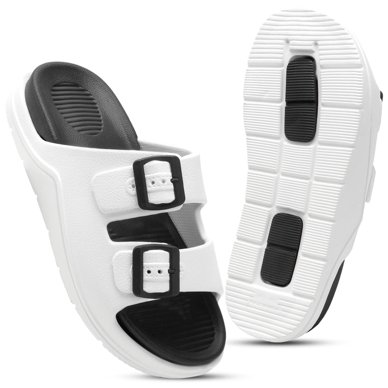 DualBuckle White Black Comfort Slides