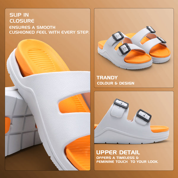 OrangeBuckle White Comfort Slides