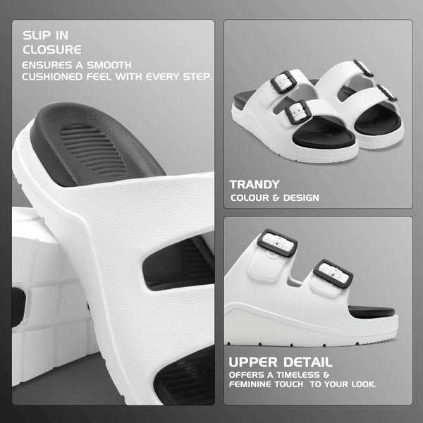 DualBuckle White Black Comfort Slides