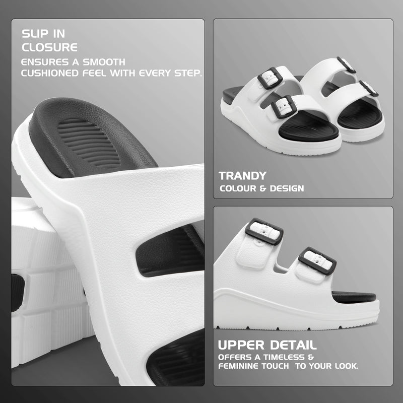 DualBuckle White Black Comfort Slides