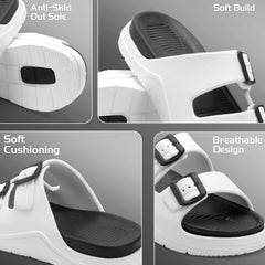 DualBuckle White Black Comfort Slides
