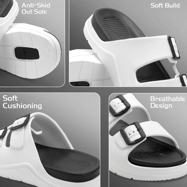 DualBuckle White Black Comfort Slides