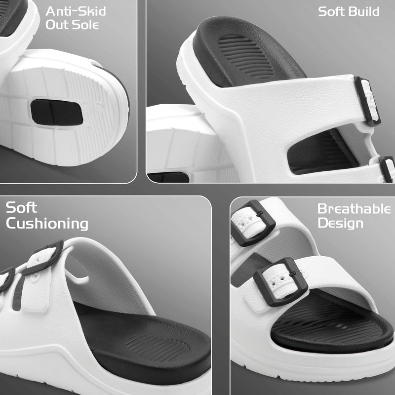 DualBuckle White Black Comfort Slides