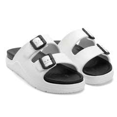 DualBuckle White Black Comfort Slides