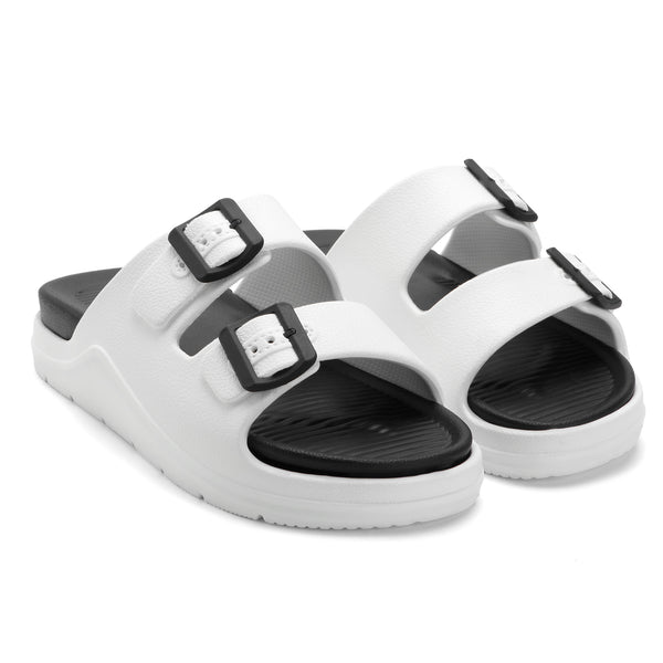 DualBuckle White Black Comfort Slides