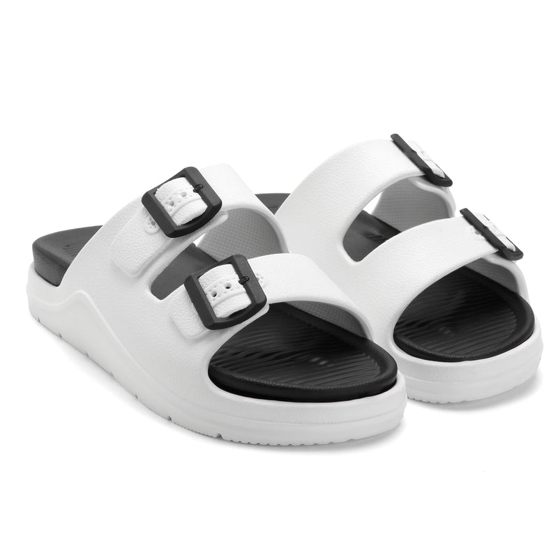 DualBuckle White Black Comfort Slides