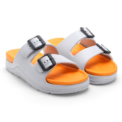 OrangeBuckle White Comfort Slides