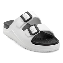 DualBuckle White Black Comfort Slides