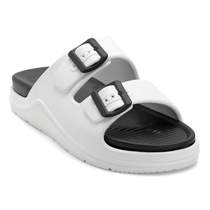 DualBuckle White Black Comfort Slides