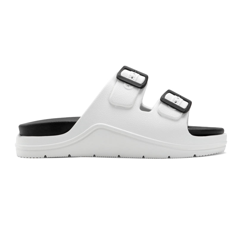 DualBuckle White Black Comfort Slides