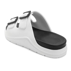DualBuckle White Black Comfort Slides