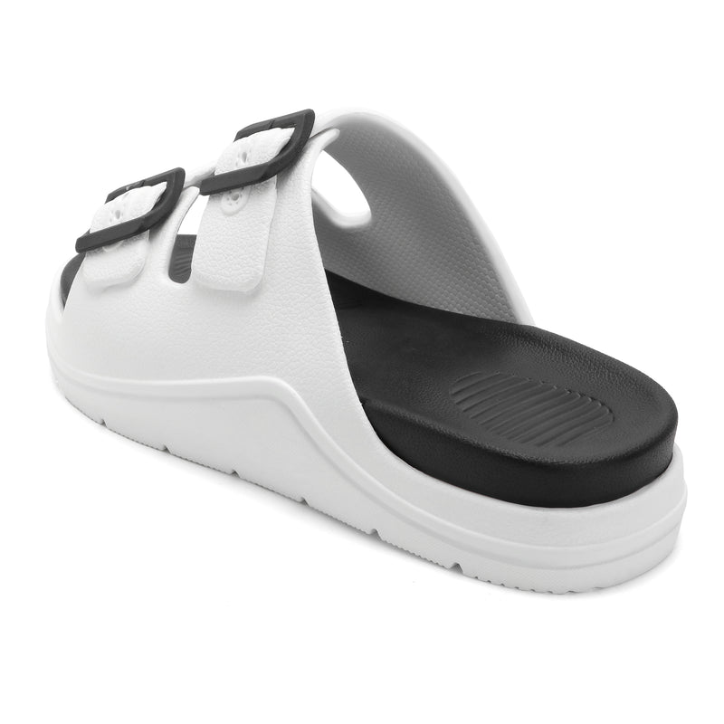 DualBuckle White Black Comfort Slides