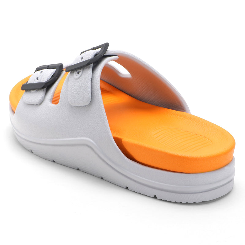 OrangeBuckle White Comfort Slides