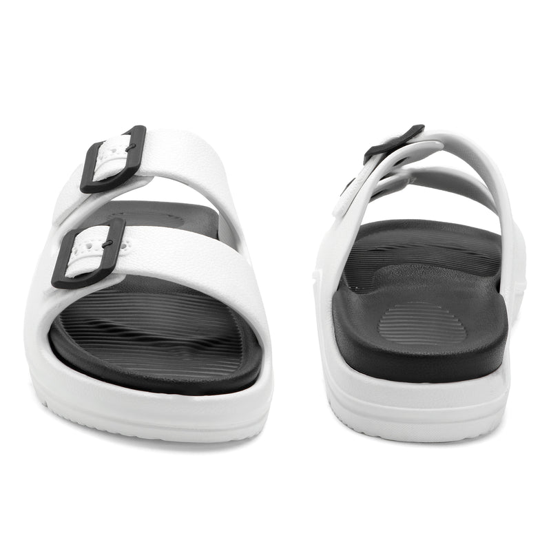 DualBuckle White Black Comfort Slides