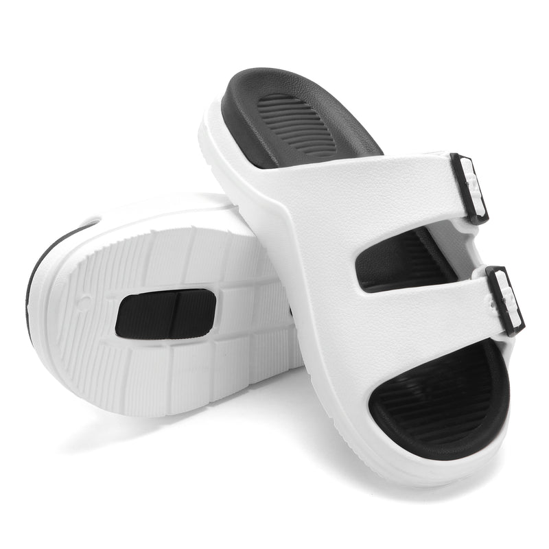 DualBuckle White Black Comfort Slides